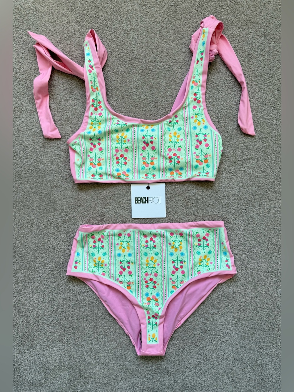 Beach Riot Pink Floral Stripe High-Waist Bikini Set